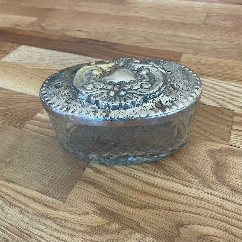 Antique Crystal Trinket Vanity Jar with detailed silver top